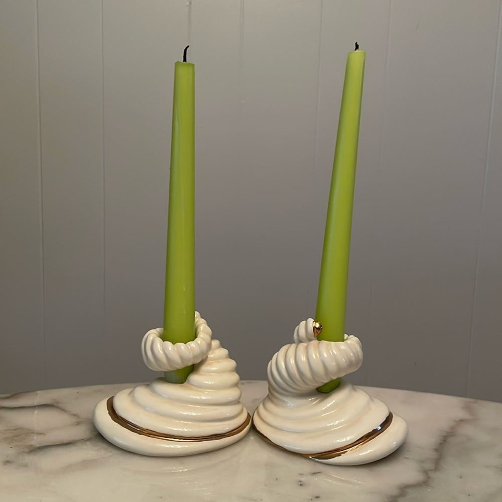 Vintage MCM Cornucopia Cream & Gold Ceramic Candle Holders